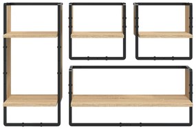 4 részes sonoma tölgy színű szerelt fa fali polc szett rúddal