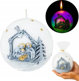 Karácsonyi gyertya gömb ezüst betlehem LED-del színváltós