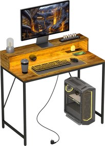 HOMCOM Ipari Íróasztal LED Fényekkel, Áramellátással, Monitor Támasszal és Távvezérléssel 100x50x90.5 cm Rusztikus Barna | Aosom