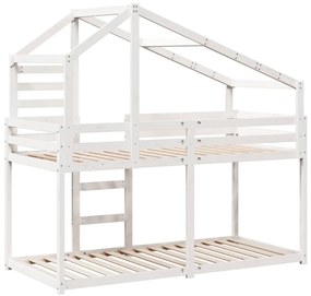 fehér tömör fenyőfa ágy emelettel és tetővel 90 x 190 cm