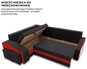 Grande sarokkanapé polcokkal és puffokkal , polc a jobb karfaban puffok a bal karfaban, baloldali, szövet anyag, hab töltet, fekete - piros