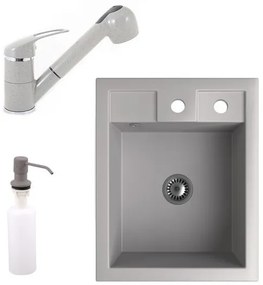 Gránit Mosogató NERO Parma + kihúzható zuhanyfejes Shower csaptelep + adagoló + szifon (szürke)