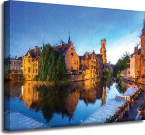 Vászonkép Folyó Város Este Olaj Stílus 50x40 cm