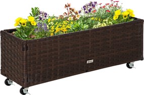 Outsunny Emeltágyas Polyrattan Virágcserép Kerekekkel, Drain Lyukakkal, Kávébarna 94,5 x 31 x 36 cm | Aosom