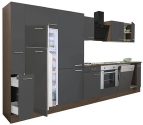 Yorki 370 konyhabútor yorki tölgy korpusz,selyemfényű antracit front alsó sütős elemmel polcos szekrénnyel és felülfagyasztós hűtős szekrénnyel