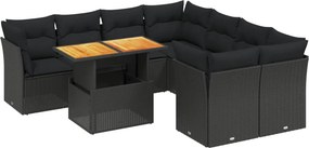 vidaXL 9 részes fekete polyrattan kerti ülőgarnitúra párnákkal