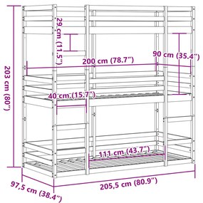 viaszbarna tömör fenyőfa háromszintes ágy 90 x 200 cm