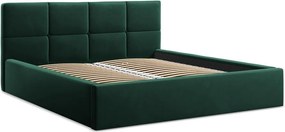 Sötétzöld bársony kárpitozott ágyneműtartós franciaágy ágyráccsal 140x200 cm Hiko – Makamii