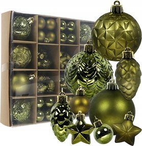Olívazöld karácsonyfadísz szett, műanyag, 60 darabos