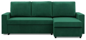 Zeus sarokkanapé, 2 ágyneműtartóval, egyenes kartámasz, bársony, univerzális oldal, hab töltet, zöld