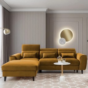 Sárga bársony kinyitható-tárolóhelyes sarokkanapé (bal oldali-heverő résszel) Foble – ELTAP