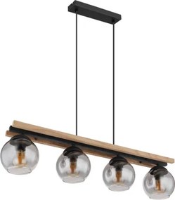 Globo 15569-4HW Függeszték fém fekete matt, fa sötétbarna, üveg füstszínű, kábel PVC fekete, magassága állítható, HxSzxM: 850x150x1200mm, 4x E27 25W 230V izzók nélkül