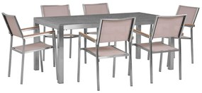 Hatszemélyes szürke gránit étkezőasztal bézs textilén székekkel GROSSETO Beliani