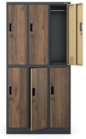 Fém öltözőszekrény 6 rekeszes IGOR, 900 x 1850 x 450 mm, Eco Design: antracit/ dió