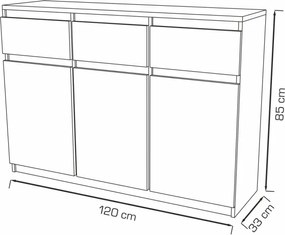 Washington 3S3F Komód Fehér 120 cm
