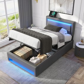 Kárpitozott egyszemélyes ágy 90x200 cm Led Usb Hidraulikus Pu szürke