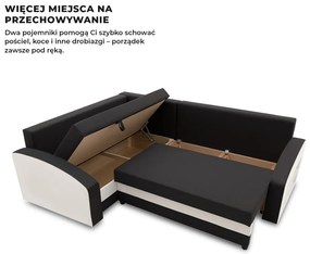 Grande sarokkanapé polcokkal , polc a jobb karfaban, baloldali, szövet anyag, hab töltet, fekete - fehér