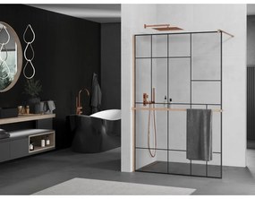Mexen Kioto+, Walk-In zuhanyparaván polccal és akasztóval 70 x 200 cm, 8 mm átlátszó üveg fekete mintás, réz matt profil, 800-070-121-65-78