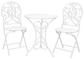 Antikfehér fém rácsos asztal 2 székkel, 60x70/40x40x92cm
