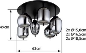 Globo 15345-6D Mennyezeti lámpa fém matt fekete alaplap, 3 különböző formájú füstszínű búrával. Gläser , ø: 650mm, M: 380mm, 6x E14 40W, fényforrás nélkül szállítva szállítva, 230V