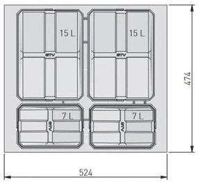 Hulladékgyűjtő AxiSpace 600mm, mozgatórendszer nélkül, 2x15L, 2x7L edényekkel, tálcával, fedelekkel