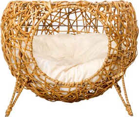 PawHut Rattan Macska Ház Kosár Vastag Párnával Ø 40 x 32 cm Világos Barna | Aosom