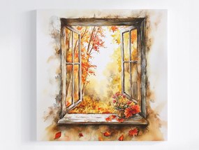 Poszter Dekoráció Ablak Kilátás Fa Ősz Virágok 80x80