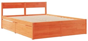 viaszbarna tömör fenyőfa ágy fiókokkal és matraccal 160x200 cm
