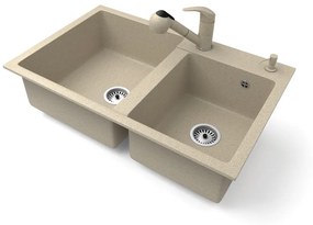 Gránit mosogatótálca NERO Palazzo + kihúzható zuhanyfejes Shower csaptelep + adagoló (bézs)