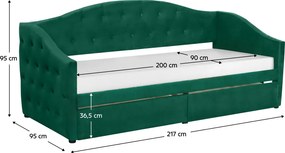 Ágy tárhellyel, 90x200, zöld Velvet szövet, ZASKA