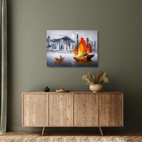 Festmény - Victoria Harbour, Hong Kong, fekete-fehér olajfestmény (üvegen) (70x50 cm)