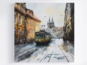 Poszter Város Bérházak Utca Villamos Akvarell 40x40