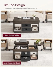 Dohányzóasztal, felemelhető asztallapos dohányzóasztal 2 fiókkal és rejtett rekesszel, hamvasbarna