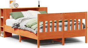 vidaXL barna tömör fenyőfa könyvespolcos ágy matrac nélkül 160 x 200cm