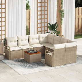 9 Darabos Kert Sofa Szett Párnákkal Bézs Poli Rattan Akác, Kétfős Kert Sofa Párnákkal Bézs Poli Rattan