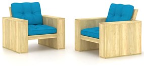 vidaXL 2 db impregnált fenyőfa kerti szék kék párnákkal