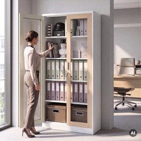 Fém szekrény vitrinnel, fehér, sonoma tölgy, 900x1850x400 mm: AMELIA Eco Design
