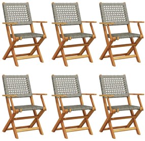 6 db szürke polyrattan és tömör fa összecsukható kerti szék