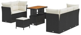 8 darabos kertibútor kanapészett párnákkal fekete poli rattan akáciával, 3 darabos kertibútor étkező szett párnákkal fekete poli rattan akáciával