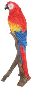 Faágon ülő papagáj polyresin szobor, piros, kültéri és beltéri dekorációs kiegészítő