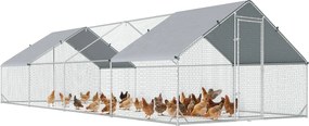 PawHut Nagy Kültéri Tyúkól 24 m² Ketrec 16-24 Tyúk számára 3x8x2 m Horganyzott Acél Tyúkól PE Fedéllel és Zárval - Ezüst | Aosom