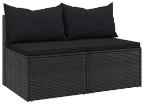 2 db fekete polyrattan kerti középső kanapé párnákkal