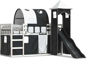 vidaXL fehér-fekete emeletes ágy csúszdával és függönnyel 90 x 200 cm