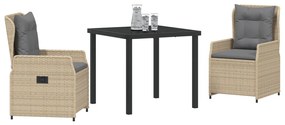 3 Részes Kerti Étkezőszett Bézs Polirattan, Kerti Asztal Fekete 80x80x73 cm Edzett Üveg