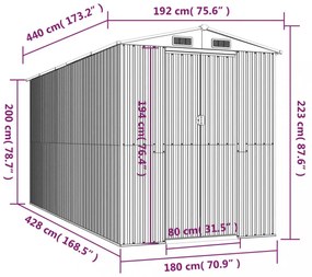 antracitszürke horganyzott acél kerti fészer 192 x 440 x 223 cm