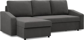 Zeus sarokkanapé, 1 ágyneműtartóval, döntött kartámasz, szövet anyag, univerzális oldal, hab töltet, szürke