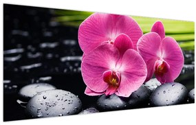 Kép - Rózsaszín orchidea pálmalevéllel (120x50 cm)