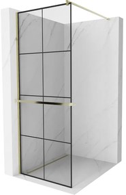 Mexen Kioto +, zuhany paraván polccal és törölközőtartóval 70 x 200 cm, 8mm átlátszó üvegmintás fekete, arany profil, 800-070-121-50-77