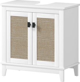 HOMCOM Mosdó Szekrény Pedestál Állvánnyal 2 PE Rattán Ajtóval 2 Polccal és Felborulásgátló Rendszerrel 60x30x60 cm Fehér | Aosom