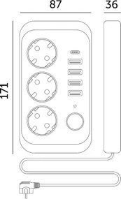 Aljzatelosztó kapcsolóval LINEA 3x230V + 5xUSB A/C 1,5 m SCHUKO fekete